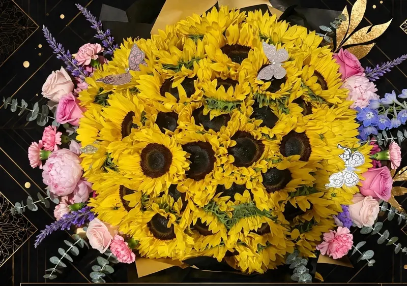 Sunflowers with pink roses and eucalyptus, custom bouquet by GZ Flowers Cathedral City